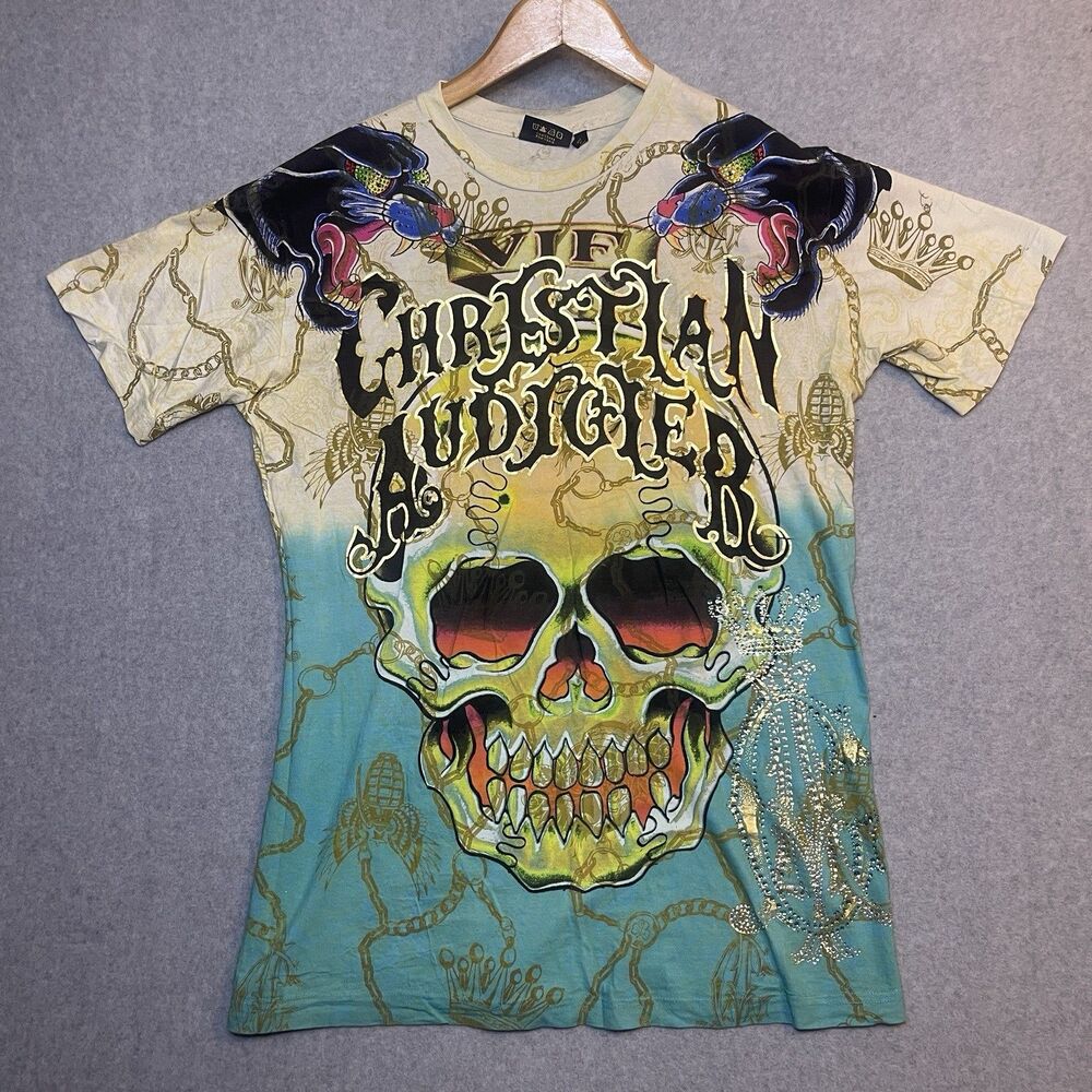 Y2K Christian Audigier Skull Rhinestone Graphic T-Shirt Men's XL  Skater